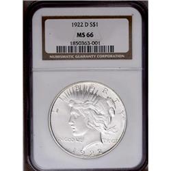 1922-D S$1 MS66 NGC. A sharply struck and lustrous exa 