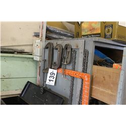 4 C-CLAMPS, CHAIN, LEVEL & 2 SQUARES