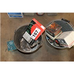 3 PAILS ROLLER CHAIN, BULBS, HEAD LIGHTS, PAILS & MISC