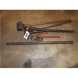 SLEDGE, BARS, & 2 PIPE WRENCHES