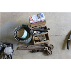 OLD PAILS, WOOD BOXES, PLANE & WHEELS