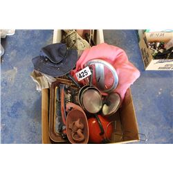 2 BOXES OF POTS, HATS, VACUUM & BLANKET