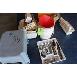 STEP STOOLS, PAIL, GOLF BALLS, CUTLERY & PLASTIC TUB