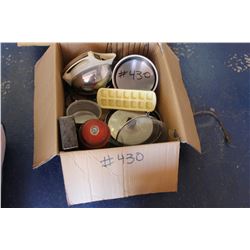 2 BOXES WITH KETTLE, PANS, TOASTER, BOOTS, ETC