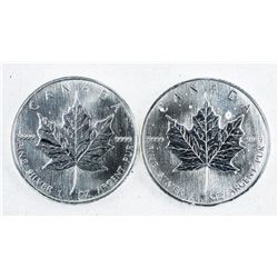 Lot (2) 2002 and 1990 Maple Leaf Coins 5.00 .999 Fine Silver 1oz Each