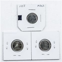 Group (3) Canada Silver 10 Cents: 1957, 1958, 1959. MS62-MS64