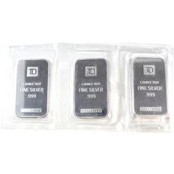Scarce - Lot (3) TD Bank .999 Fine Silver 1oz Bars. Serialized. Collector Bullion.
