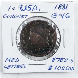 USA Coronet 1 Cent 1831 G-VG (SXR) Med Letters
