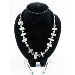 Estate - 925 Silver Necklace and Earrings Set Rose Quartz - Onyx. 104.40ct Appraised: $1800.00