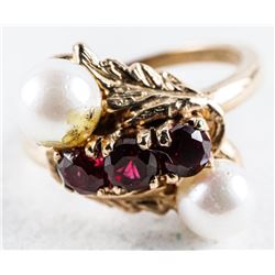 Estate - Ladies 10kt Gold Culture Pearl and Ruby Ring. size 6