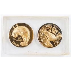 Group of (2) 24kt Gold Plated over Sterling Silver Wildlife Coins - Wild Turkey and Fisher