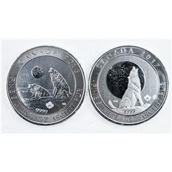Lot (2) .9999 Fine Silver $2.00 Wolves and Timberwolves