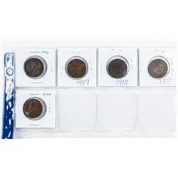 Group (5) Canada Large Cent Coin - over 100 Years: 1916, 1917, 1918, 1919, 1920