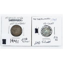 Lot (2) Netherlands Coins 1941 10 Cent .640 Silver - AU, 1941 25 Centimes .640 Silver