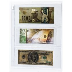 Group of 100.00 24kt Gold Notes with .999 Fine Gold Bar Inside Cash Gold Note