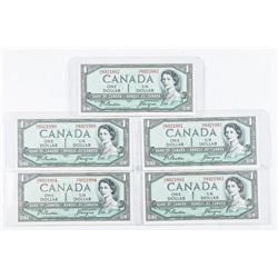 Lot (5) Bank of Canada 1954 1.00 B/C In Sequence AU-UNC