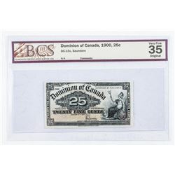 Dominion of Canada 1900 25 Cent Note 'Saunders' VF35. BCS Cert
