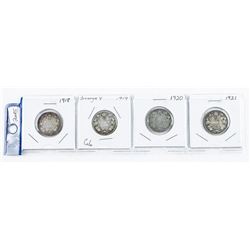 Group (4) Canada Silver 25 cent Coins: 1918, 1919, 1920, 1921