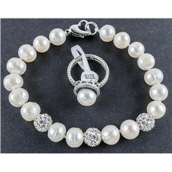 925 Sterling Silver Pearl Ring and Bracelet Set. Size 6