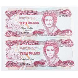 Lot (2) The Central Bank of The Bahamas 3.00 GEM UNC In Sequence (SMR)