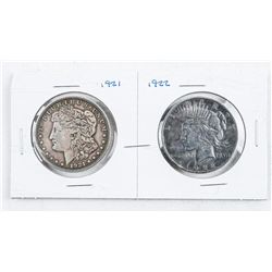 Lot (2) USA 1921 and 1922 Silver Morgan and Peace Dollars