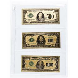 Group (3) 24kt Gold USA Collector Notes - 500.00, 1000.00, 10,000.00