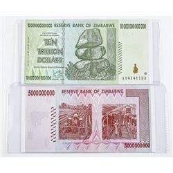 Group (2) Reserve Bank of Zimbabwe 5 Billion and Ten Billion Dollars, Notes. GEM UNC with Serial N