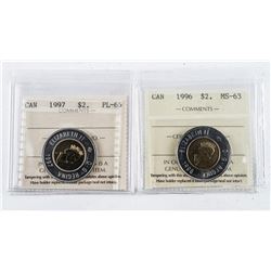 Lot (2) Canada 2.00 Coins: 1996 and 1997 - MS63 and PL66. ICCS.