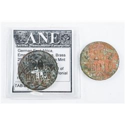 Lot (2) German East Africa, Emergency Coinage, Brass 20 Heller, 1916 Tabora Mint with C.O.A.
