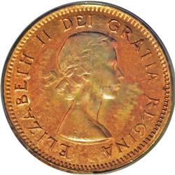 Elizabeth II Cent 1955 No Strap, KM49, MS64 RD PCGS, ex