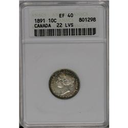 Victoria 10 Cents 1891 22 Leaves, KM3, XF40 ANACS, dark 