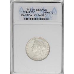 Victoria 25 Cents 1874-H, KM5, Cleaned, MS60 Details AN 