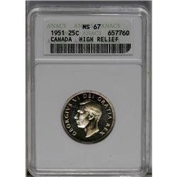 George VI 25 Cents 1951 High Relief, KM44, MS67 ANACS. 