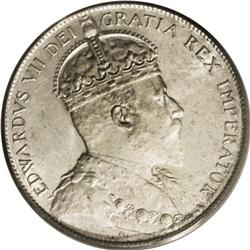 Edward VII 50 Cents 1907, KM12, MS62 PCGS. Light silver 