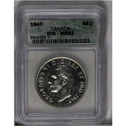 George VI Dollar 1947 Pointed 7 Dot, 3X HP, KM37, MS61 