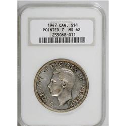 George VI Dollar 1947 Pointed 7, KM37, MS62 NGC, attrac 