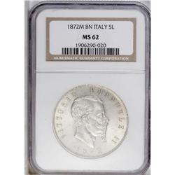 Kingdom. Vittorio Emanuele II 5 Lire 1872 M-BN, KM8.3, 