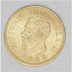 Kingdom. Vittorio Emanuele II gold 10 Lire 1863 T-BN, K 