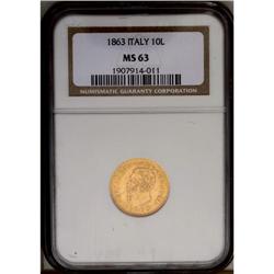 Kingdom. Vittorio Emanuele II gold 10 Lire 1863 T-BN, K 