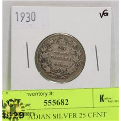 1930 CANADIAN SILVER 25 CENT COIN