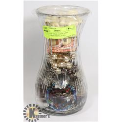 RIBBED 10" TALL GLASS VASE FILLED WITH NECKLACES,