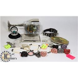 LARGE COLLECTION OF JEWELRY, BELT BUCKLES, AND