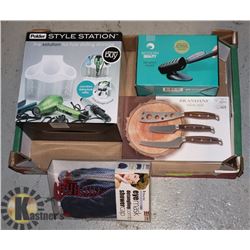 FLAT OF ASSORTED ITEMS INCLUDING CHEESE KNIFE