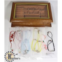 VINTAGE WOOD GLASS TOP JEWELRY BOX FULL OF