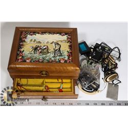 VINTAGE WOOD EMBROIDERED TOP JEWELRY BOX FULL