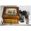 Image 1 : VINTAGE WOOD EMBROIDERED TOP JEWELRY BOX FULL