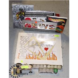 COLLECTION OF ART, BINDERS, BOOKS, CANDLES,