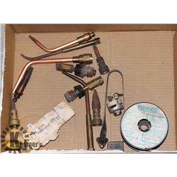 BOX OF WELDERS TIPS AND GAUGES AND PARTS