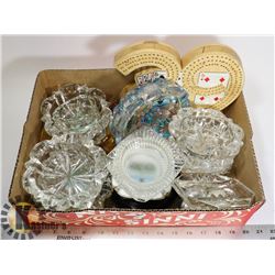 BOX OF ASSORTED ASHTRAY, CRIB BOARD, CARD BOX,