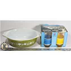 PYREX DISH & UNOPENED MID CENTURY GLASSES (NO BAR
